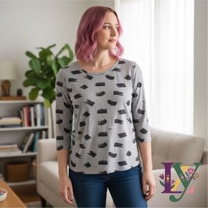 H&M Gray & Black Abstract Brushstroke 3/4 Sleeve Top Size L 18.5" PTP Very Soft